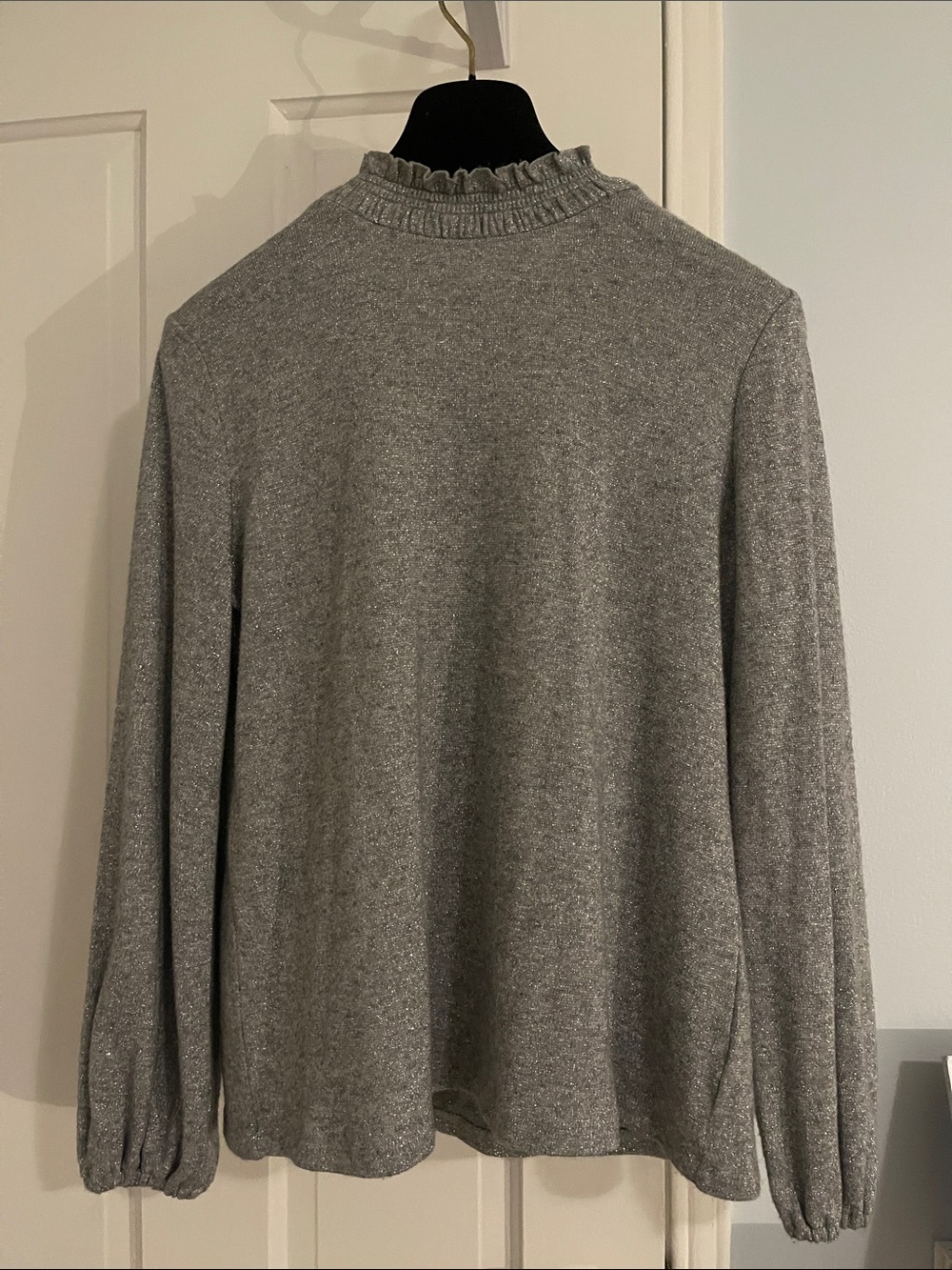 Talbots: Classic Festive Grey Long-Sleeve Sweater with Ruffle Neck